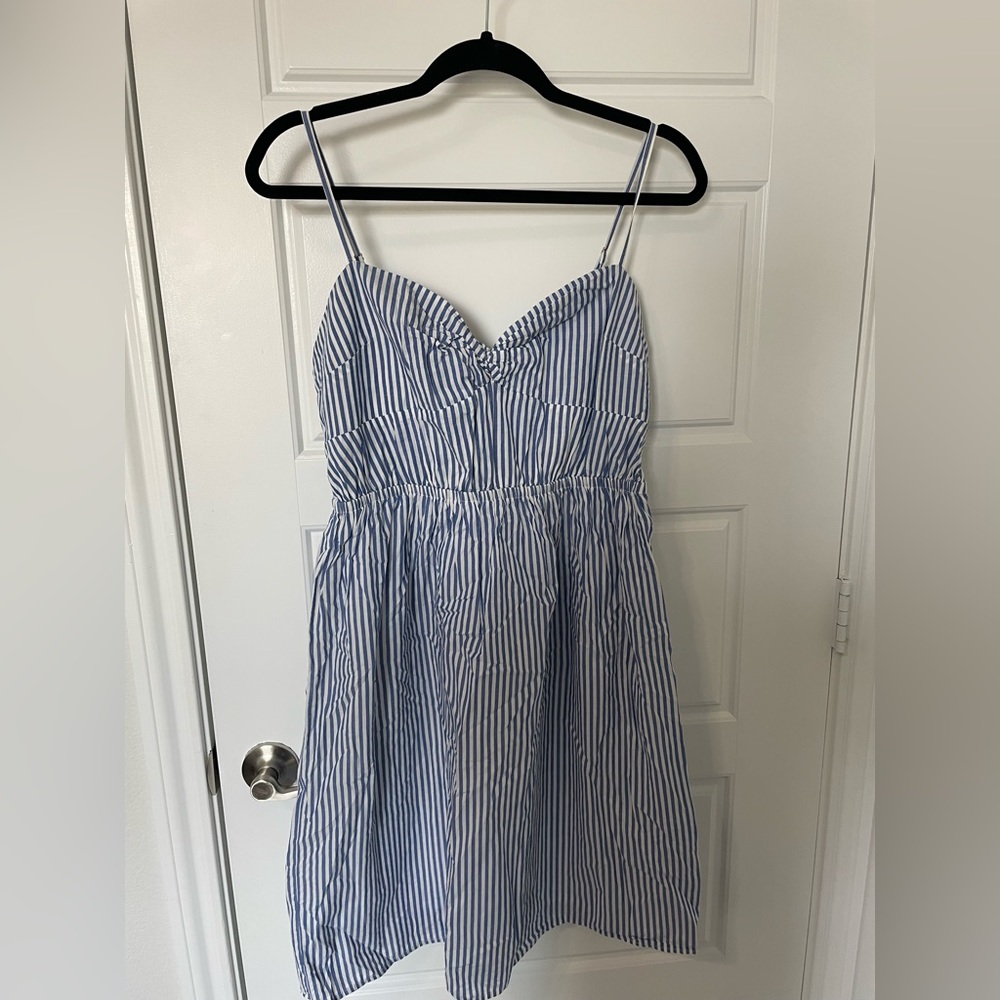Size 12 Navy blue striped J. crew knee-length dress, WORN ONCE!